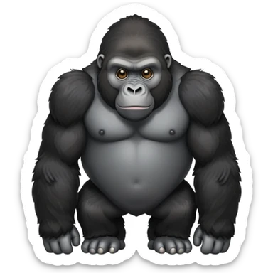 cinematic-friendly cute gorilla-realistic-full-body-crouched on all fours-emoji,-broad-and-powerful-frame-poised-with-confidence,-massive-arms-hanging-slightly-forward,-head-tilted-thoughtfully,-thick-black-fur,-deep-dark-eyes-full-of-intelligence,-simplified-yet-realistic sticker