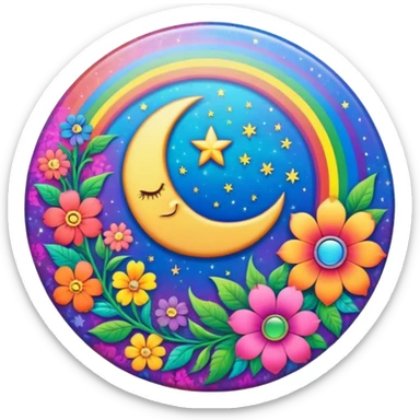 A round psychedelic colored button with a rainbow colored damask style moon and hippie flowers in the center sticker