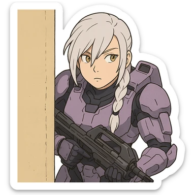 female, wearing reach spartan armor default, long white braid hair with massive messy front side single bangs, gold yellow eyes, attention pose, HALO:series, no helmet, the armor is lavender color scheme, shoulder pad off. DDD bust size fitting. Punk gothic cyberpunk, peeking around a corner wall with a classic halo1 ar sticker