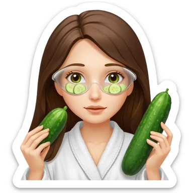 white long brunette hair girl with hazel eyes in a bathrobe with cucumber slices covering her eyes sticker