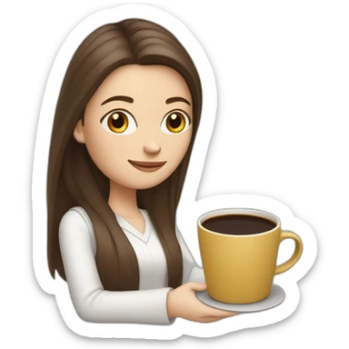 woman with long straight brown hair and pale skin holding laptops and coffee mugs sticker