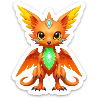 Tropical futuristic lush warm-colored colorful neon-colored cyber-Fakémon-Digimon-Trico-creature sticker