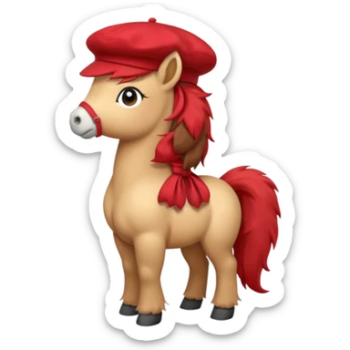 A cute pony (horse) emoji, full body, standing in side view, wearing a stylish red beret. sticker