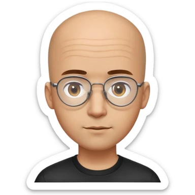 Man with small oval face and big forehead, aviator-style glasses, completely bald/shaved sides with very short curly dark hair only on top of head, neutral-friendly expression, light brown skin, wearing a black shirt sticker