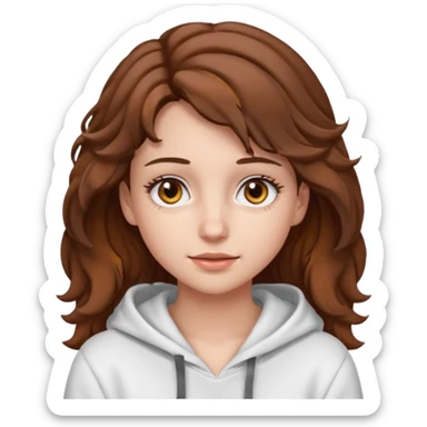 Una ragazza con una felpa semplice bianca,ha gli occhi marroni,i capelli marroni  , c’è gli ha lunghi e ricci ma non troppo e ha le ciglia stile emoji apple sticker