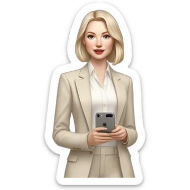 pale skin woman with ash blonde Straightened bob Hair, White Spacious classical jacket, beige palazzo Arrow pants and gray blouse holding white IPhone 15 pro in the hands sticker