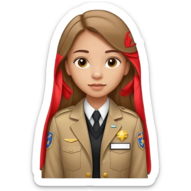 Young girl, long brown straight hair, wearing uniform jacket with hotel name badge, tasteful scarf, stand behind the desk

 sticker
