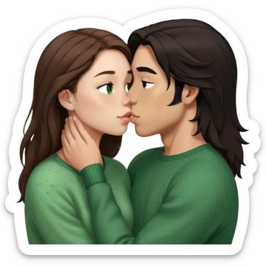 Young guy with black slightly long hair kissing a young woman with brown hair and  green sweater and only the woman has very light freckles with the emoji made so there is no part that is cut off sticker