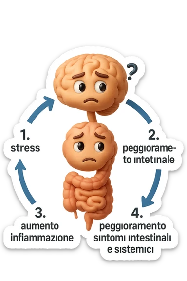 EMOJI STILE IPHONE 3D DI un cerchio con queste scritte che girano intorno in ordine per come li ho scritti "1. stress → 2. peggioramento intestinale → 3. aumento infiammazione → 4. peggioramento sintomi intestinali e sistemici." al centro del cerchio metti un cervello e intestino umani collegati verticalmente con espressione dubbiosa in volto, FALLO MOLTO REALISTICO IN 3D sticker