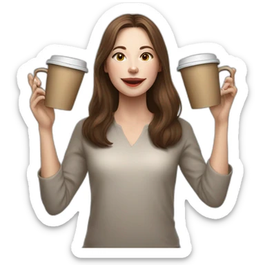 woman juggler with long straight brown hair and pale skin juggling three coffee cups and two small laptops in the air sticker