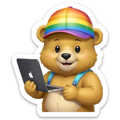 Smiley Bear wearing a cap with a rainbow in it, and holding a black MacBook in his left hand and in the other hand texting on an iPhone 16 Pro Max sticker