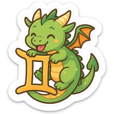 a playful dragon wrapped around the Gemini sign, vibrant emoji style, colorful, lively sticker