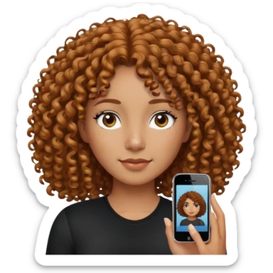 iPhone-style avatar icon of a woman with curly hair, medium brown skin, a few freckles on her face, wearing a black shirt, modern and friendly sticker