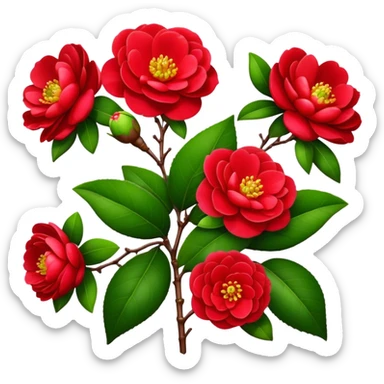 bouquet Red Camellia, luxuriant, stem, leaf, bud sticker
