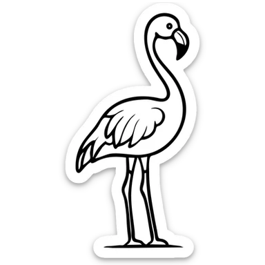 A flamingo in profile with its distinctive curved neck, slender legs, and characteristic beak. The bird is standing elegantly with one leg raised. sticker