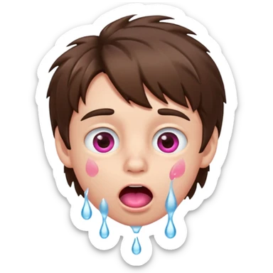 Boy with shaggy brown hair, pink eyes rolled back, mouth open , water drop dripping from lips sticker