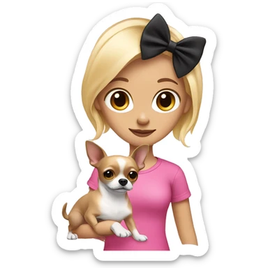  girl with blonde hair wearing a pink shirt holding a black long hair chihuahua a white bow  sticker