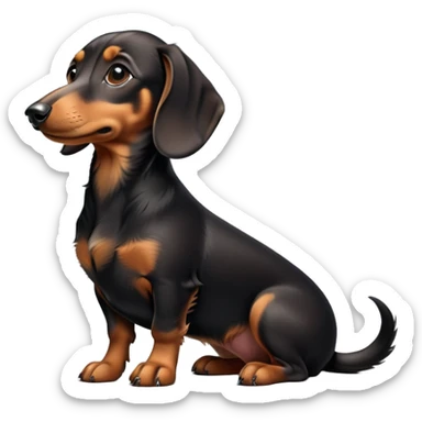 cinematic-[dachshund dog]-realistic-full-body-sitting-emoji,-tail-resting-loosely-beside-its-paws,-head-tilted-dramatically,-sleek-[black and tan]-fur,-simplified-yet-realistic-focused-features,-highly-detailed,-glowing-with-an-almost-sarcastic-glow sticker