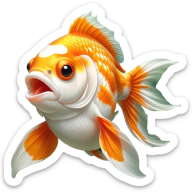 Cinematic Cute Yawning Orange and White Goldfish Portrait Emoji, Head tilted slightly with a dramatic, wide-open yawn, showcasing a smooth body with a balanced blend of orange and white, graceful fins slightly drooping, round golden eyes barely open in drowsy contentment, Simplified yet irresistibly adorable features, highly detailed, glowing with a soft, cozy glow, high shine, relaxed yet expressive, stylized with a touch of whimsy, bright and endearing, soft glowing outline, capturing the essence of a sleepy yet affectionate goldfish, so drowsy it feels like it could float out of the screen and curl up for a nap! sticker