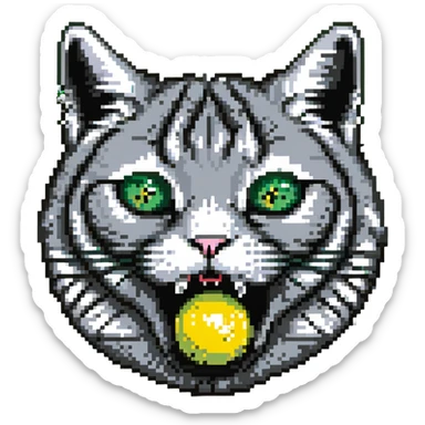 gray cat head with black stripes, large green eyes, big black pupils, mouth open, small solid yellow ball in mouth sticker