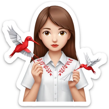 Ukrainian young girl with brown hair wearing a white embroidered shirt holds an origami red crane sticker
