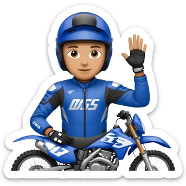 dirtbike rider in blue gear signing autographs sticker