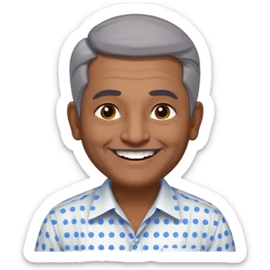 50 yr old indian man, dark skin, grey hair, big smile, white teeth, chubby, no moustache, clean shaven, young style hair, hair brushed back, 5 oclock shadow, bindy dot on forehead, dress shirt sticker