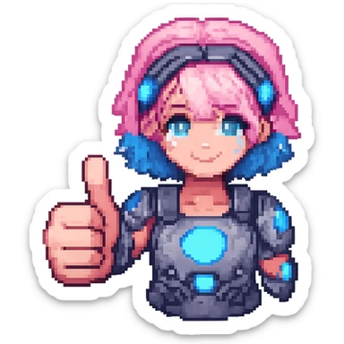 Make the thumb more prominent on the cyborg girl with pink hair giving a thumbs up in pixel art style with glowing blue eyes, no background. sticker