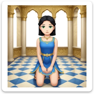 King, standing, black Hair, blue eyes, female Servoamt, blonde, green eyes, shott white sleveless Dress, kneeling, background palace sticker
