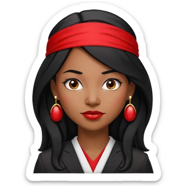 30-year-old Black woman lawyer, long black hair, red headband, strong and sharp look, small round earrings sticker
