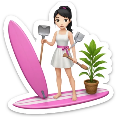 Princess who wearing white dress (woman) black ponytail hair holding her cellphone and  one garden shovel with another hand. She is standing on her feet, there is one pink surfing board. sticker