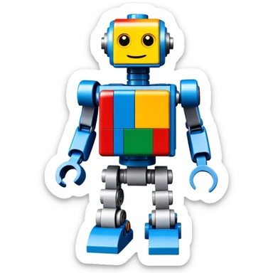 A photorealistic icon featuring a detailed robot figure built from LEGO bricks, with intricate parts and colorful pieces. The design includes the LEGO logo subtly visible, with a focus on the craftsmanship and creativity of the build. Transparent background. sticker