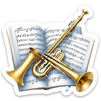 Create an artistic emoji that represents music arrangement and orchestration. The design should feature various orchestral instruments (drums, violin, trumpet, electric guitar, synthesizer) and conductor's baton, musical scores. Incorporate flowing lines to represent harmony and orchestral balance, along with a subtle representation of sheet music. Use rich, classical colors like gold, silver, or deep blue, and create an atmosphere of sophistication and precision. The background should be transparent. sticker