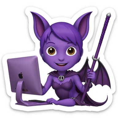 a happy purple girlie bat holding a scythe while sitting in front of her computer sticker