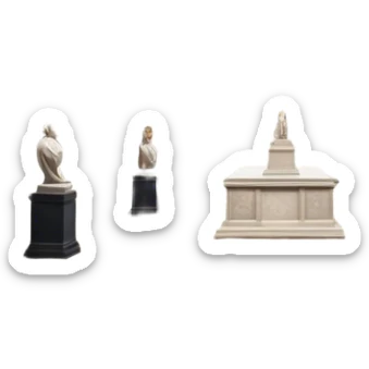 An icon featuring an elegant art gallery with classic paintings hanging on the walls, and sculptures displayed on pedestals. Visitors admire the exhibits, capturing the essence of culture, history, and art. Set against a transparent background. sticker