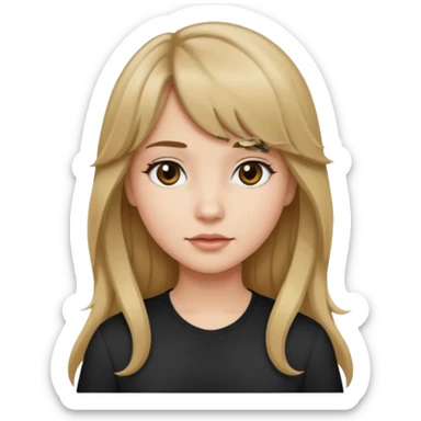 Uma garota de cabelo ondulado loiro escuro,mas com franja lisa e olhos pretos, e a cor de pele branca,e o cabelo LONGO  sticker