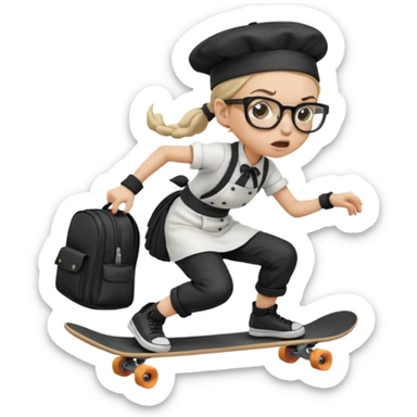 An angry woman with light skin, ponytail, wearing a chef hat and square glasses, dressed in goth fashion, is skateboarding while holding a backpack. sticker