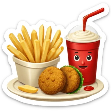 falafel and fries, with two containers with  red sauce and white sauce  sticker