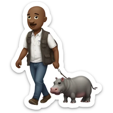 Man walking a bunch of moo dangs the Pygmy hippo by leash sticker