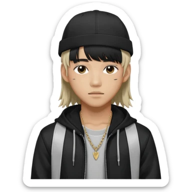 Portrait of a male K-pop idol, wearing a stylish streetwear outfit with layered clothing, long hair with bangs, makeup, wearing a black cap sticker