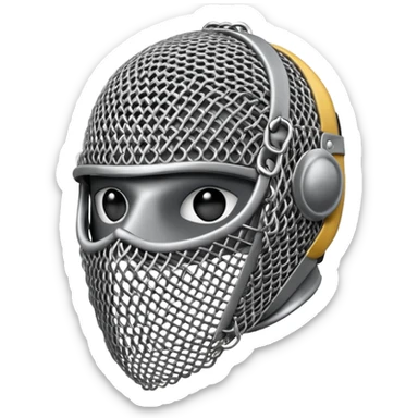 3D render oFencing Mask, made of interlocking chainmail metal rings, wire mesh texture, visible holes and negative space, metallic silver and grey, high contrast shadows, emoji style, isolated on white background --v 6.0. sticker