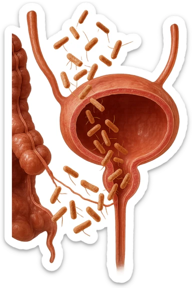 batteri intestinali che migrano ed entrano in una vescica anatomica realistica per infettarla, iperrealistico 4k sticker