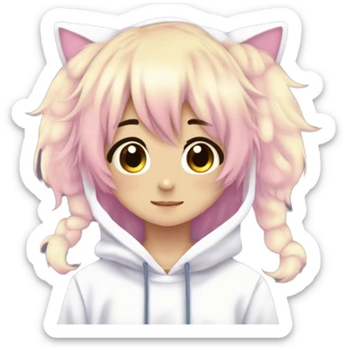 Cute Kawaii Beautiful Gorgeous Sparkly Shiny Blushing Anime Style Romantic Shojo Catboy Man Guy Femboy With Pretty Hair And Hoodie Trendy Style Outside sticker