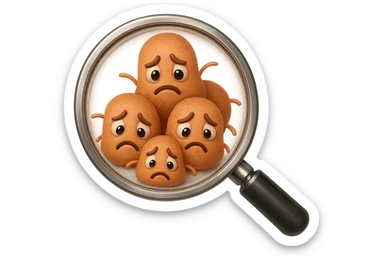 EMOJI STILE IPHONE DI una lente di ingrandimento che inquadra un cumulo di batteri intestinali tristi, IPERREALISTICO 4K sticker