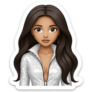 Ciara with long dark brown hair, white sequin outfit sticker