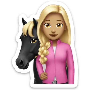 blonde girl wearing pink and her black horse sticker