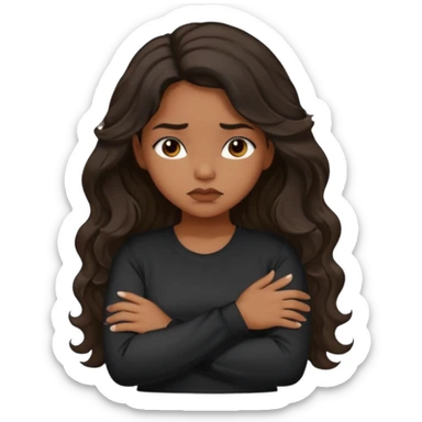 Hispanic girl with dark long wavy hair crossing her arms while pouting and wearing a black long sleeve shirt sticker