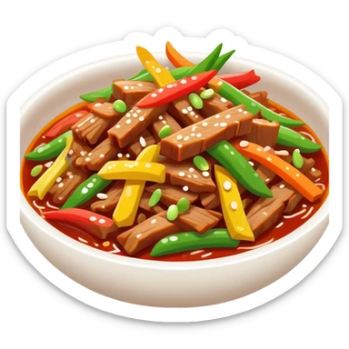 Yuxiang shredded pork Sichuan dish with colorful vegetables, simplified emoji style with bold outlines and bright colors, cartoon style sweet and sour pork strips sticker