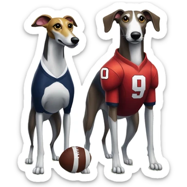/imagine hyperrealistic tall bipedal greyhound mascot wearing a navy blue and grey football jersey staring at hyperrealistic bipedal cardinal mascot wearing white and yel football jersey sticker