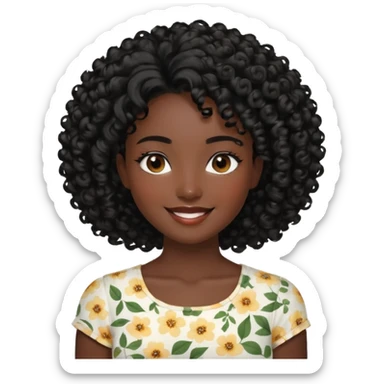 a young woman.She has voluminous, curly black hair that frames her face beautifully. Her skin tone is black light and glowing, and she has a subtle, natural makeup look. She’s smiling softly at the camera. She is wearing a white floral top sticker